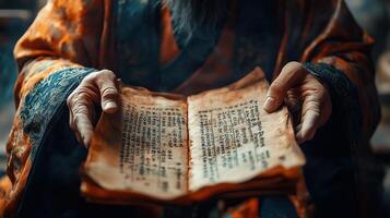 Close up of a Three Kingdoms strategist holding ancient scrolls photo