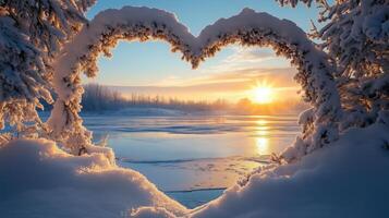 Romantic winter landscape featuring a heart shaped frame photo