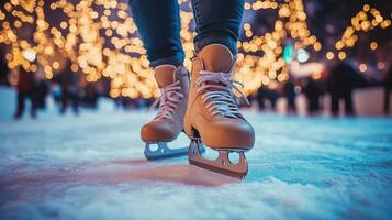 Close-up of ice skates on a festive outdoor ice rink at night photo