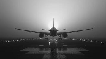 The plane lands on the runway, silhouetted against the horizon photo