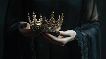 mysteriousand magical image of woman's hand holding a gold crown photo
