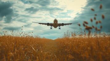 Airplane taking off from grassy field in image photo