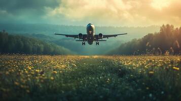 Airplane taking off from grassy field in image photo