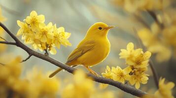A yellow bird sits on a tree branch, surrounded by yellow flowers photo