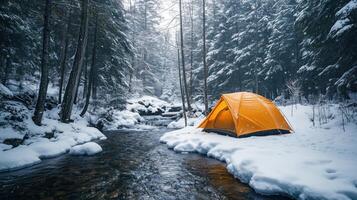 Winter camping adventure in a snow-covered forest photo