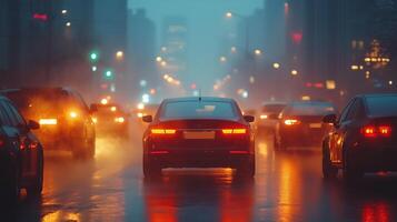 Traffic jam at night with car lights and smog in an urban setting photo