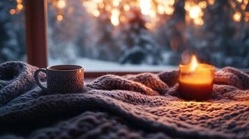 Winter warmth indoors with a cozy fire, soft blankets, and a warm drink photo
