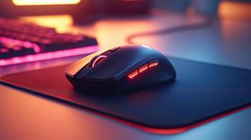 Wireless mouse with a scroll wheel on a mouse pad, ready for use photo