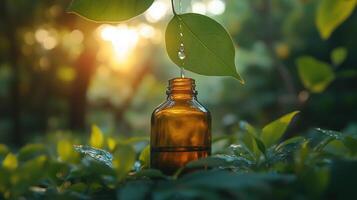 A droplet of water falling from a green leaf into an amber glass bottle photo