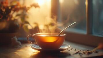 Spoon with a rounded handle, stirring a cup of tea, cozy style photo