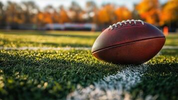 Close-up of an American football resting on a green field photo