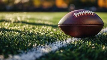 Close-up of an American football resting on a green field photo