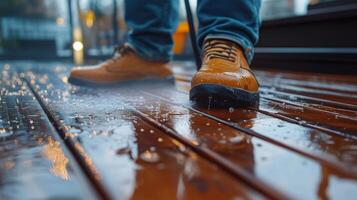 man cleaning wooden terrace floor photo