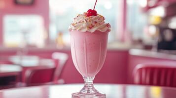 A vibrant 1950s style milkshake with a cherry on top photo