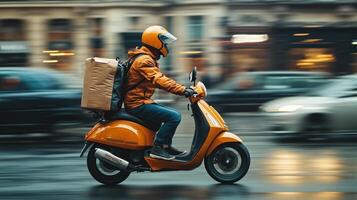 Delivery guy on scooter riding through Paris traffic photo