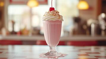 A vibrant 1950s style milkshake with a cherry on top photo