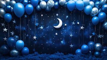 Blue star and moon shaped balloons forming night sky background photo