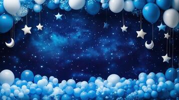 Blue star and moon shaped balloons forming night sky background photo