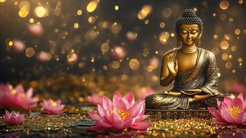 Golden Buddha Statue with Pink Lotus Flowers and Gold Glitter photo