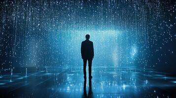 Man Silhouette Standing in a Room Filled with Light Rain photo