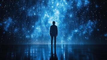 Man Silhouette Standing in a Room Filled with Light Rain photo