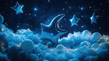 Blue star and moon shaped balloons forming night sky background photo