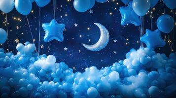 Blue star and moon shaped balloons forming night sky background photo