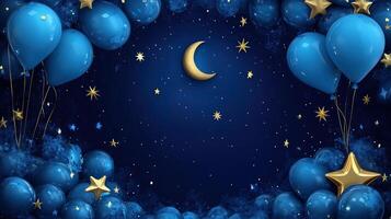Blue star and moon shaped balloons forming night sky background photo