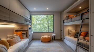 Modern teen bedroom featuring a custom-made with bunk bed, cozy and efficient photo