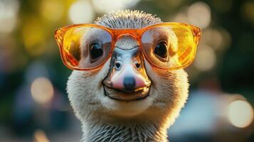 Portrait of a funny goose in sunglasses photo