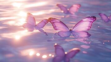 Several lilac butterflies floating in clear water light lilac photo