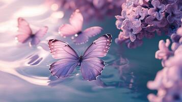 Several lilac butterflies floating in clear water light lilac photo