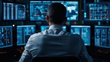 security expert in front of several computer screens photo