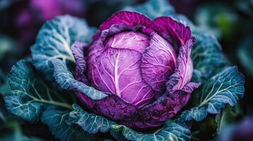 A close-up of a purple cabbage with a white stripe in the middle of its head photo