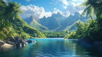 A stunning depiction of a lush tropic scene featuring a majestic mountain photo