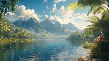 A stunning depiction of a lush tropic scene featuring a majestic mountain photo
