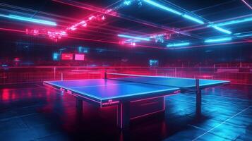 A vibrant neon wireframe illustrates a dynamic table tennis venue photo