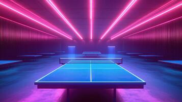 A vibrant neon wireframe illustrates a dynamic table tennis venue photo