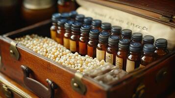 Close-up of a homeopathic first-aid kit, with small vials of remedies photo