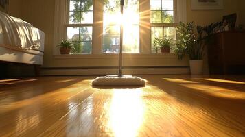 Cleaning Hardwood Floors with Mop in Sunlight photo