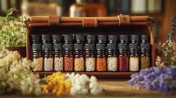 Close-up of a homeopathic first-aid kit, with small vials of remedies photo