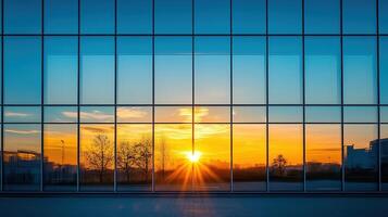 Modern Glass Facade with Sunset Reflection photo