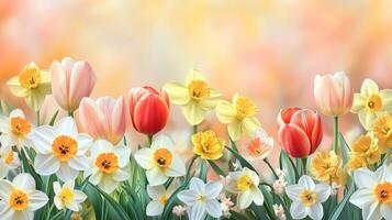 Pastel colored spring flowers tulips, daffodils, narcissus. photo