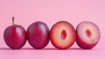 Plums stacked on pink surface with sliced one photo