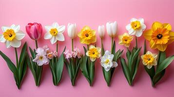 Pastel colored spring flowers tulips, daffodils, narcissus. photo