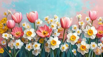 Pastel colored spring flowers tulips, daffodils, narcissus. photo