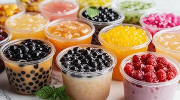 Assorted bubble tea toppings in small bowls, customizable drink photo