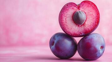 Plums stacked on pink surface with sliced one photo