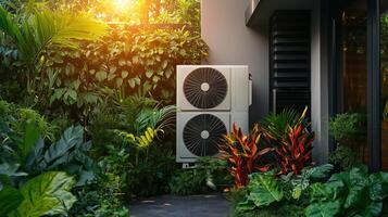 modern heat pump unit in lush garden setting sustainable living concept photo
