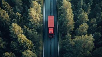Aerial view of a truck on a forested highway, transportation theme photo